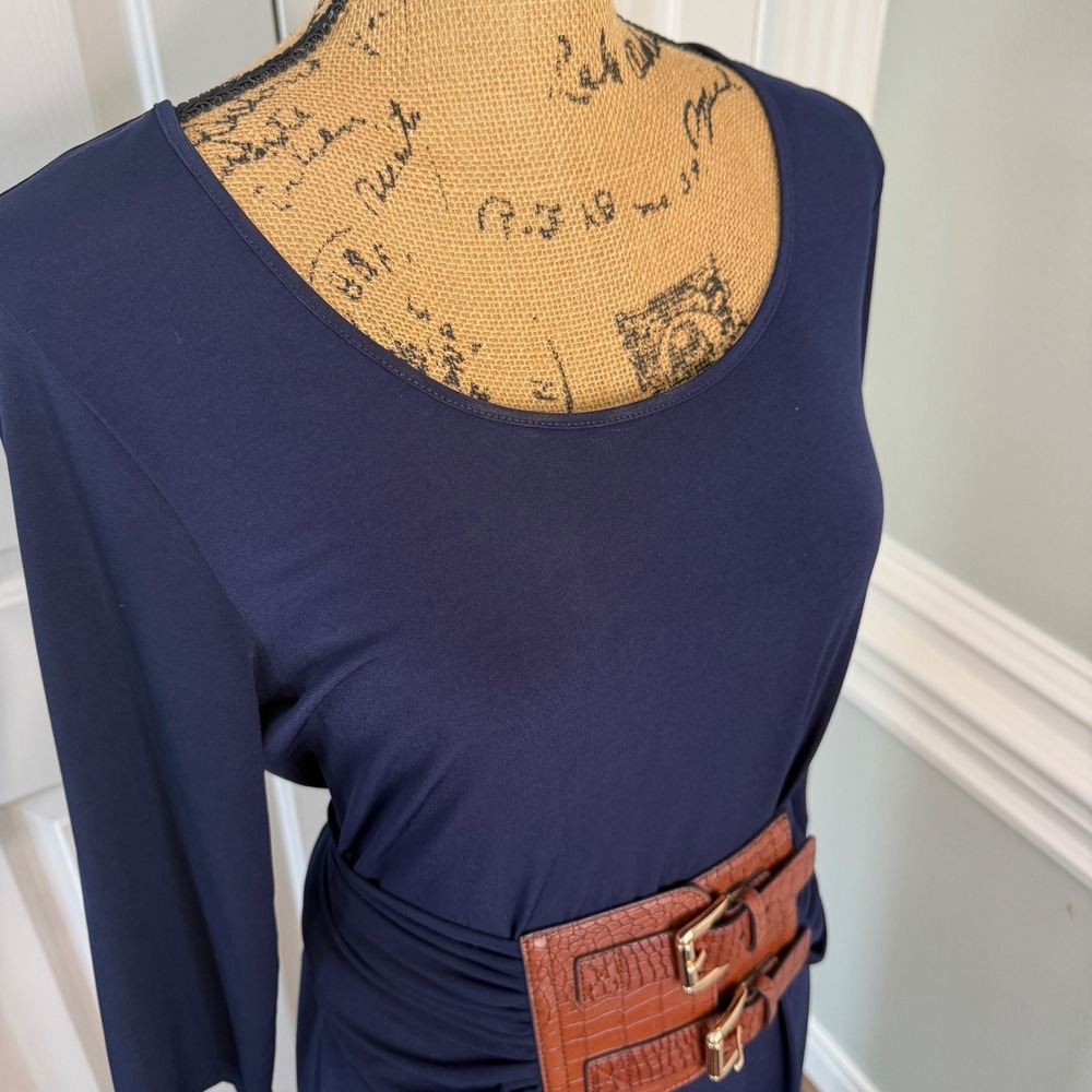 Boston Proper Navy Blue Maxi Dress 3/4 Sleeve Brown Croc Belted Ruched Size M - Picture 3 of 8